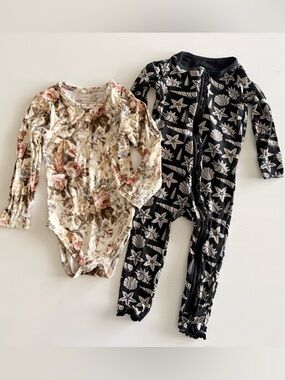 Posh Peanut Kickee baby bamboo pajama bundle set Midnight Shells & floral 12-18m